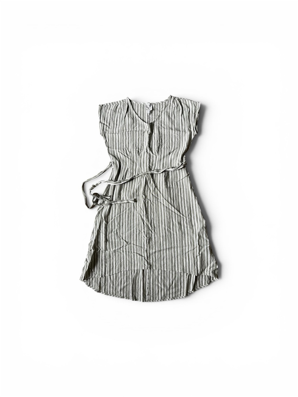 Naif Striped Tie-Waist V-Neck Dress in Light Green and White